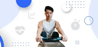Indoor rower pulling handle to chest at the top of their stroke, surrounded by mathmatical symbols