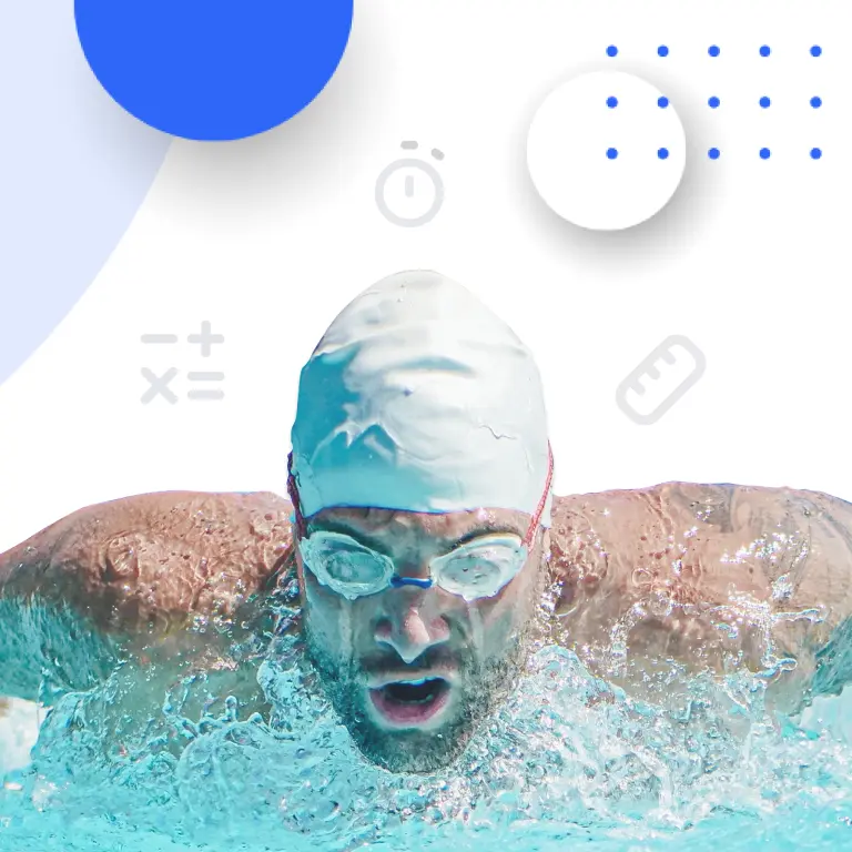 Professional swimmer rising out of the water surrounded by timer, ruler, and mathmatical symbols