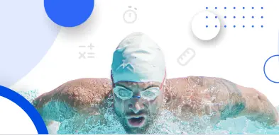 Professional swimmer's head emerging from the water, surrounded  by mathmatical symbols